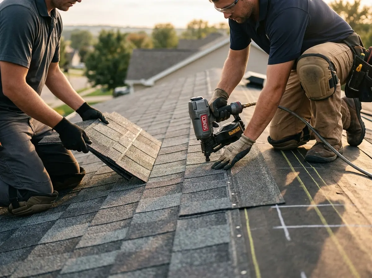 Professional roofer working on a residential roof in Willowbrook